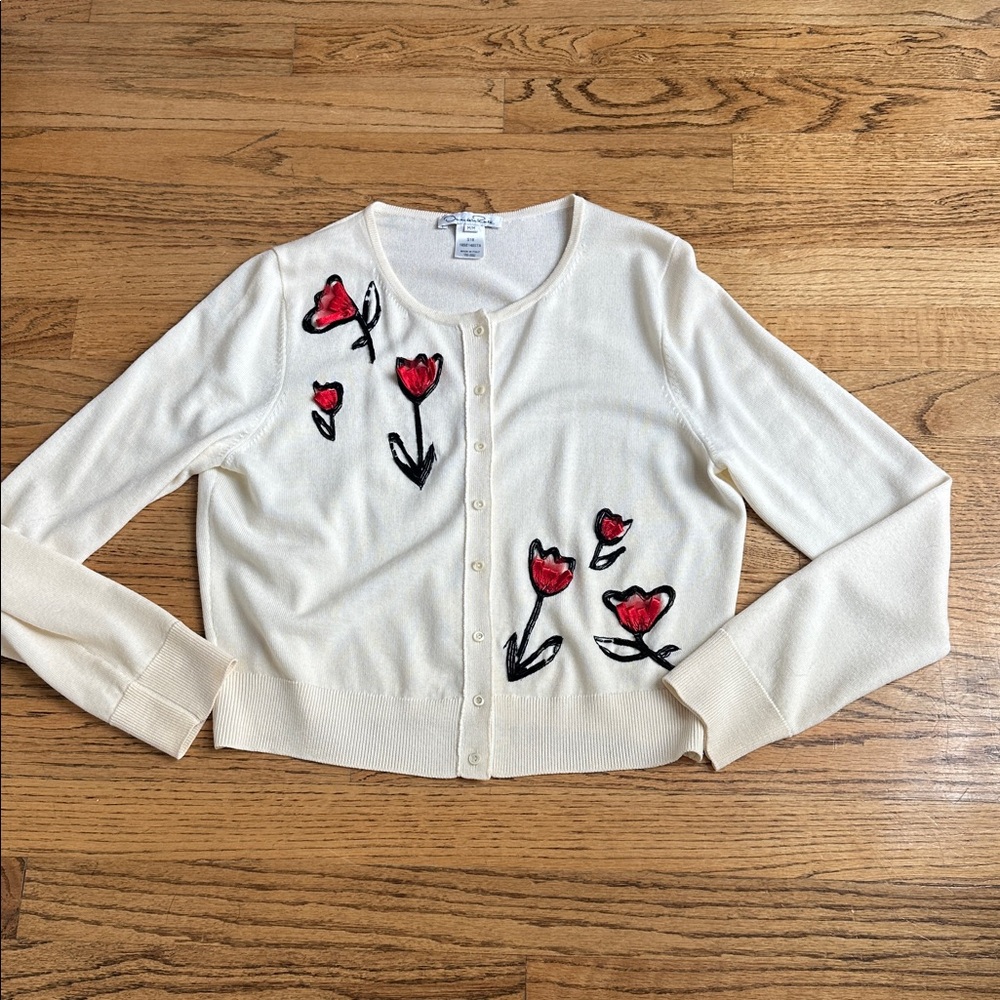 Oscar de la Renta Cream & Red Beaded Floral Virgin Wool Cardigan M